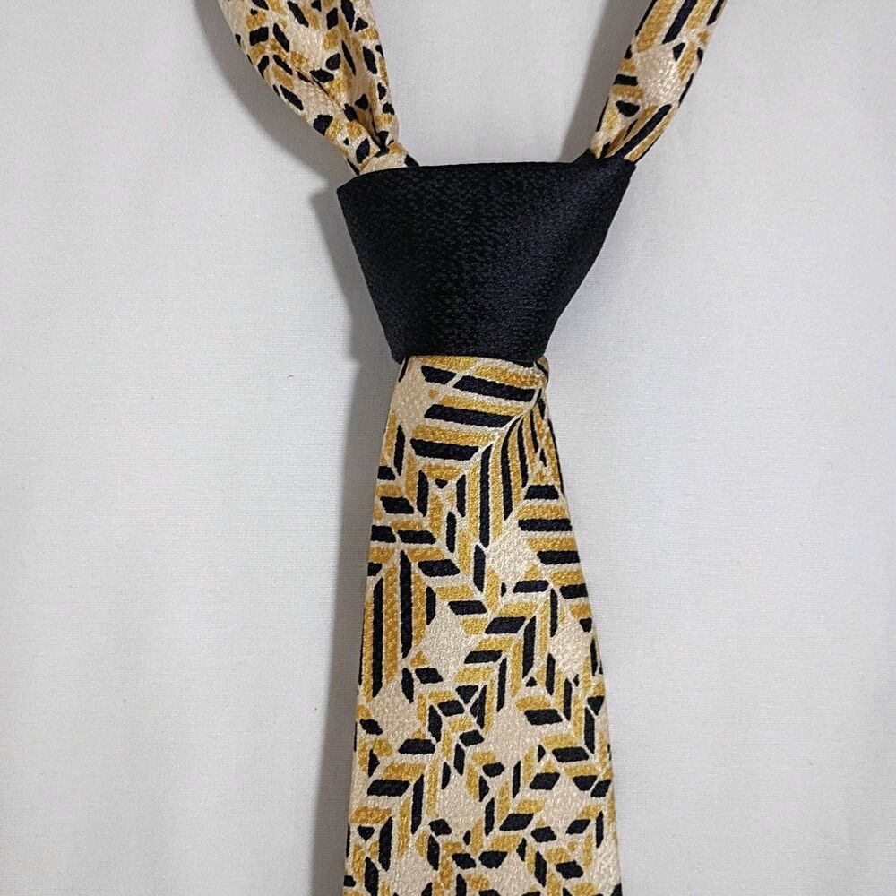 Vtg LANVIN Paris Silk Tie Gold and Black Geometric Contrast Knot Made in France